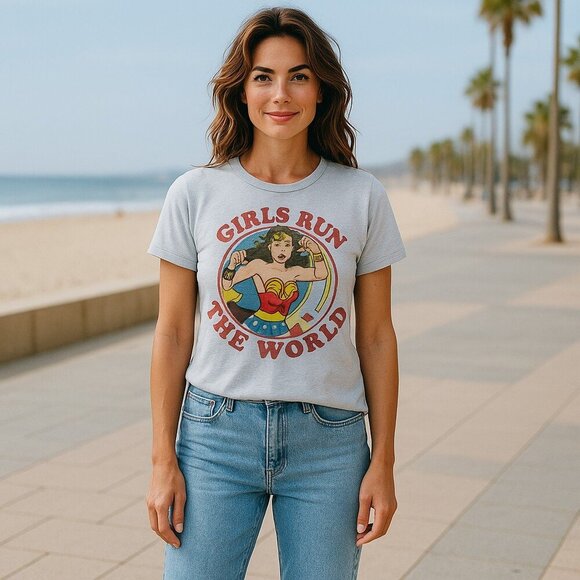 Junk Food Clothing Tops - Wonder Woman “Girls Run the World” Tee – Size Large (Runs Small)